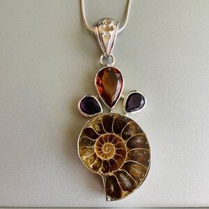 BIG FOSSILIZED AMMONITE & QUARTZ STERLING SILVER 925 PENDANT NECKLACE ST…